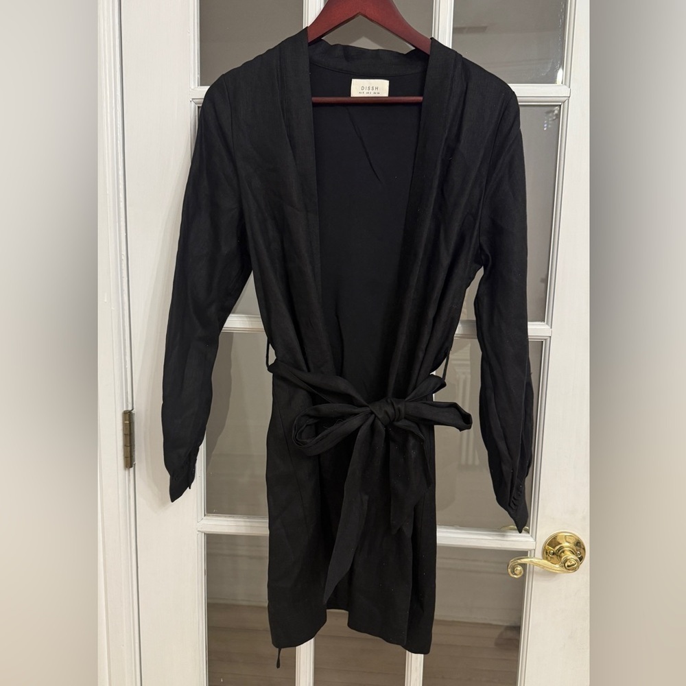 DISSH Women's Black 100% Linen Open Front Tie Waist Long Duster Cardigan Size 2